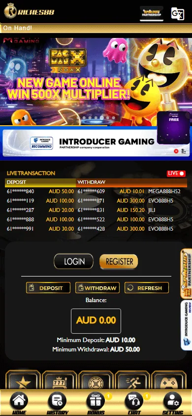 Riches88 Casino mobile website with AUD games and account access