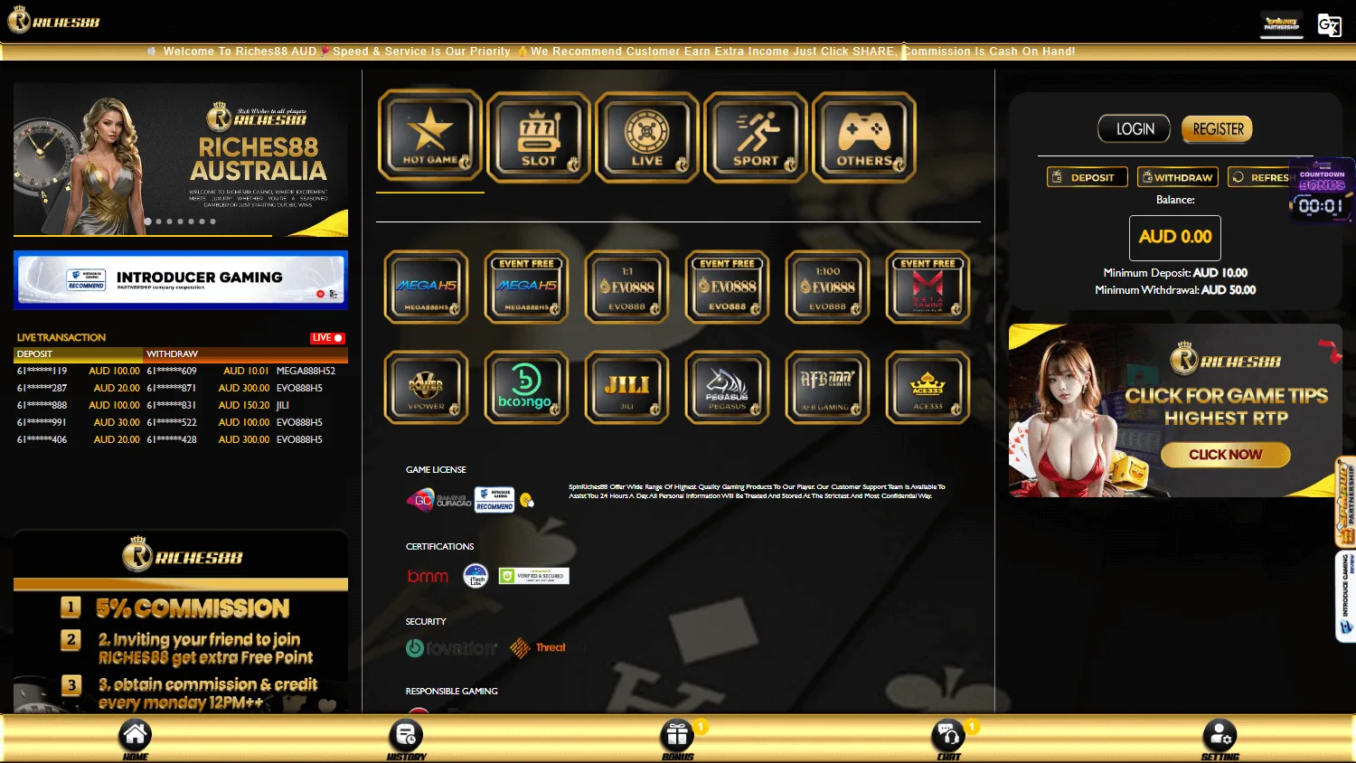Riches88 Casino desktop home for Australian players with AUD casino access